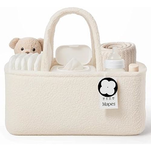 Canadian Baby Diaper Caddy Organizer - Elegant Soft Sherpa Basket, Minimalist Portable Storage for Diapers, Wipes and Baby Stuff, Nursery Organizer Holder Tote Bag, Best Gift for Baby Shower