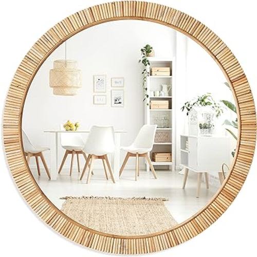 Barnyard Designs Rattan Bathroom Mirror – Rustic Farmhouse Style Handmade Wicker Rattan Frame - Boho Mirror for Nursery Wall Décor, 25.5" Round