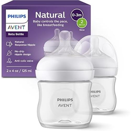 Philips Avent Natural Baby Bottles with Natural Response Nipples (Slow Flow, Flow 2), 4oz, 2-Pack, SCY900/02