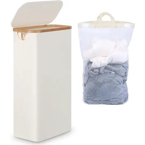 efluky Slim Laundry Basket with Lid, Narrow Laundry Hamper with Removable Bag, Skinny Dirty Clothes Basket with Bamboo Handles for Bathroom, Bedroom & Laundry Room, 63L Beige