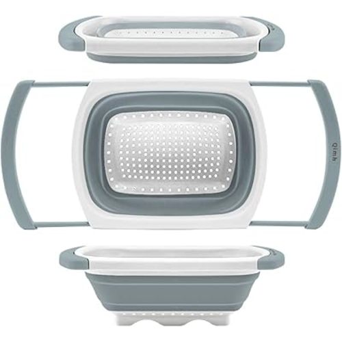 Qimh Collapsible Colander | Over The Sink Silicone Kitchen Strainers and Colanders with Extendable Handles | Veggies, Fruit and Pasta Foldable Strainer for Kitchen, 6-Quart, BPA Free
