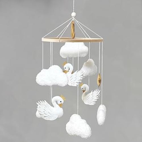 Baby Mobile White Swans with Golden Crowns Felt Clouds Baby Mobile for Crib Boys Girls Neutral Baby Gift Hanging for Nursery Decor Accessories