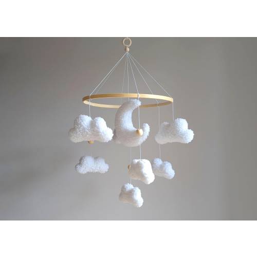 Boucle Clouds And Moon Crib Mobile, Boucle Neutral Cot Mobile, Neutral Nursery Baby Crib Mobile, Sherpa Cloud Nursery Mobile, Clouds Nursery