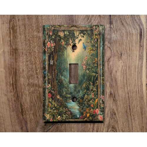 (Single Switch) Metal Light Switch Cover | Light Switch Plate, Outlet Cover, Wall Plate, Fantasy Enchanted Forest, Whimsical Floral Forest Butterfly, TRE122