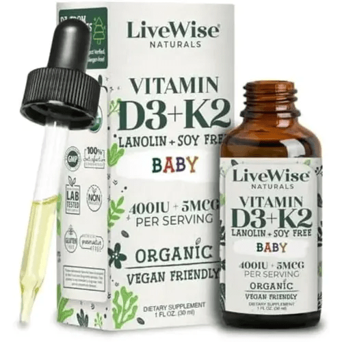 LiveWise Naturals – Baby D3-K2 Liquid Drops, Promotes Brain Development, Bone Health, and Overall Wellness for Kids and Toddlers, Glass Bottles and Droppers, D3 Sourced from Pine Trees