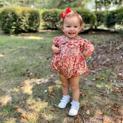 Smocked Floral Charlotte Bubble in Marigold! - Embroidered Romper, Baby Girl, Vintage, Heirloom, Spring, Thanksgiving, Halloween, 534 *B