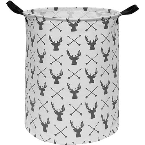 HUAYEE 19.7 Inches Large Laundry Basket Waterproof Round Cotton Linen Collapsible Storage bin with Handles for Hamper Kids Room,Toy Storage (Deer head)