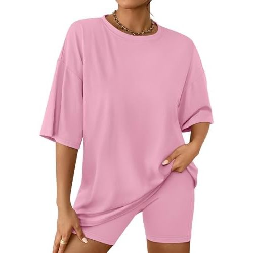 AUTOMET Womens 2 Piece Sets Summer Outfits 2025 Two Piece Lounge Set Matching Clothing Oversized Tshirts Biker Short Fashion