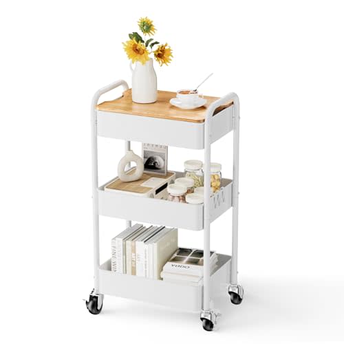 3 Tier Rolling Cart with Table top, Metal Rolling Utility Cart on Wheels, Sturdy Storage Organizer Cart with Hooks for Office, Classroom, Kitchen and Bathroom (White)