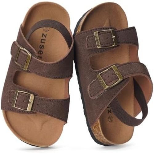 ZUSERIS Kids Toddler Sandals Boys Girls Cork Footbed Slides Double Buckle Suede Leather Slippers Summer Comfort Non-Slip Flat for Indoor Outdoor with Adjustable Straps