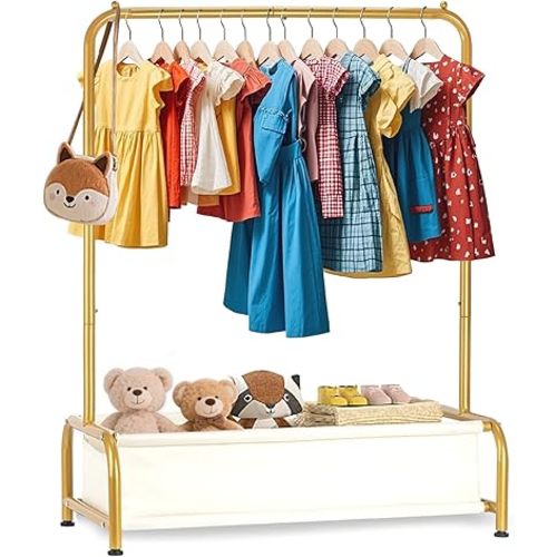 Kids Clothing Rack-Portable Kids Clothing Rack with Storage Shelf - Toddler Garment Organizer for Baby Clothes, Dance Costumes, Girls Gift Ideas(Bright Gold)
