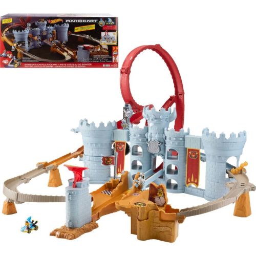 Hot Wheels Mario Kart Bowser’s Castle Track Set with 1:64 Scale Die-Cast Kamek Toy Vehicle and Storage