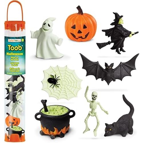Safari Ltd. Glow-in-the-Dark Halloween Toob - Mini Figures: Bat, Cat, Skeleton, Ghost, Witch, Cauldron, Spider, Pumpkin - Educational Toy Figures For Boys, Girls & Kids Ages 3+