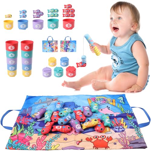 HEYZONE Toddler Toys Montessori Toys for 1-2 Year Old Boy Toys Girl Birthday Gift,Cloth Fishing Game Set Learning Toys for Toddlers 1-3 with Stacking Cups,Number Counting,Color Sorting Baby Toys