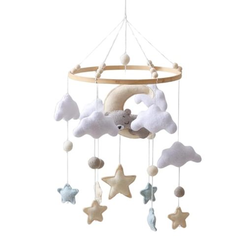 GOODMOM Baby Crib Mobile for Boys Girls Sleeping Bear Mobile for Crib, Baby Bassinet Mobile Toy for Soothing Sleep Gender Neutral Nursery Mobile - Sun, Moon, Cloud, Bear(Gery)
