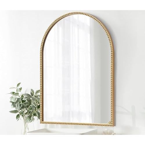 Arched Gold Beaded Mirror, 22X30 Bathroom Accent, Rustic Vintage Vanity, Metal Ornate Decorative for Washroom, Bedroom, Living Room, Foyer, Fireplace