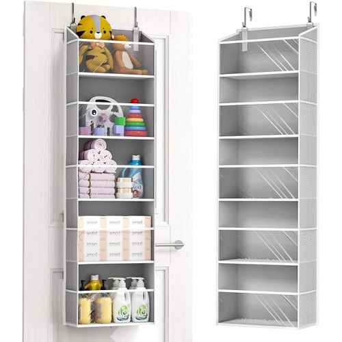 ULG 1-Pack Over Door Organizer with 5 Large Pockets 10 Mesh Side Pockets, 44 lbs Weight Capacity Hanging Storage Organizer with Clear Window for Bedroom Bathroom Kitchen, RV, Camper, Clear Grey