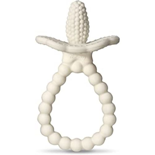 RaZbaby Silicone Baby Teether, BerryBumps Textured Silicone Soothes Babies’ Sore Gums, Infant Front and Back Teething Relief Toy, BPA Free, Easy-to-Hold, RaZberry Plus Fruit Shape, 3M+ – White