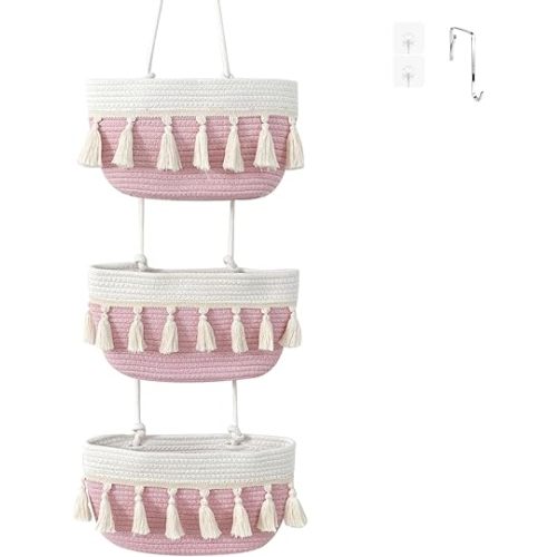 Over The Door Organizer Hanging Basket,3-Tier Boho Woven Wall Decor Baskets Cotton Wall Mounted Storage Organizer Bag for Home Decor Kitchen Laundry Room Dorm（White&Pink）