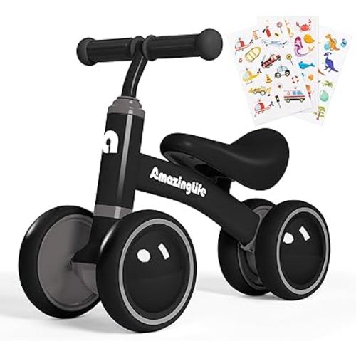 Balance Bike 1 Year Old, 10-24 Months Baby Balance Bike Toys, No Pedal Infant 4 Wheels Toddler Bike, Toddler Ride On Toys, Three Free Cartoon Stickers, First Birthday Gift for Boys Girls
