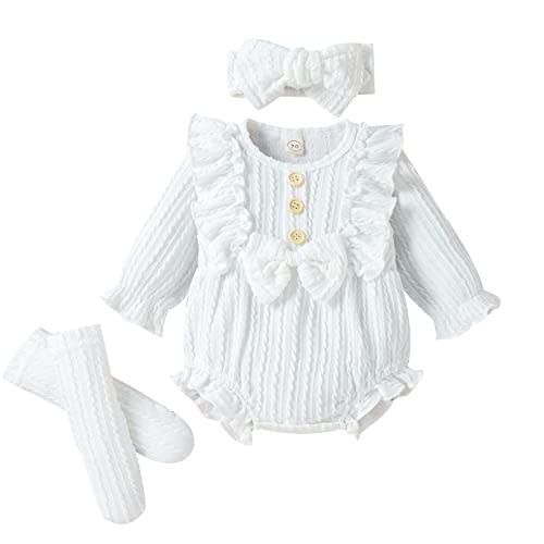 ZAXARRA Newborn Baby Girls Clothes Long Sleeve Button Front Ruffle Romper Socks Headband 3Pcs Set Fall Winter Outfits