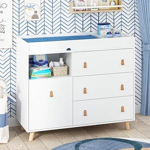 Baby Dresser Changing Table with Drawers,Shelf,Hidden Trash Storage,2 in 1 Nursery Dresser Chest for Infants, Baby Diaper Changing Station for Daycare, Bedroom, White