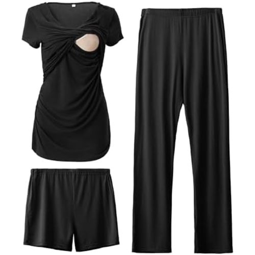 SUNNYBUY Women's Maternity Postpartum Pajamas Set, Breastfeeding Tops，Adjustable Pregnancy Shorts & Pants 3 Piece Nursing PJS