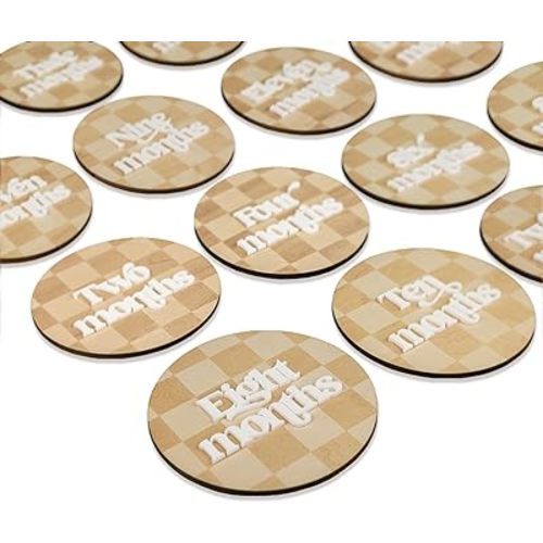 Wooden 3D Baby Monthly Milestone Cards Monthly Milestone Discs Newborn Photography Props Baby Announcement Sign Baby (Checkered)
