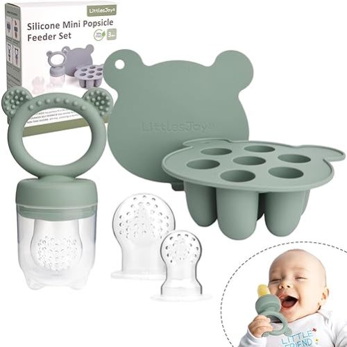LittlesJoy Silicone Baby Fruit Feeder & Freezer Tray Set, Breast Milk Popsicle Mold, BPA Free for 3+ Months, Includes Silicone Pouches (Sage)