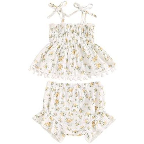 Newborn Baby Girl Clothes Summer Floral Print Sleeveless Ruffle Strap Top Linen Shorts Set Infant Outfit