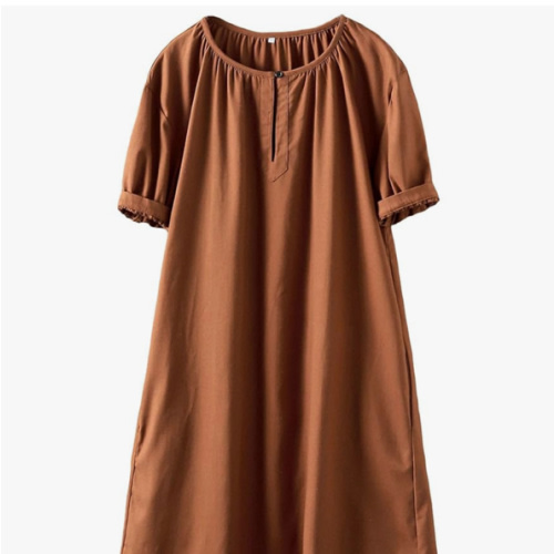 Minibee Women's Cotton Linen Dress Short Sleeve Midi Casual Plus Size Tunic Dress with Pockets