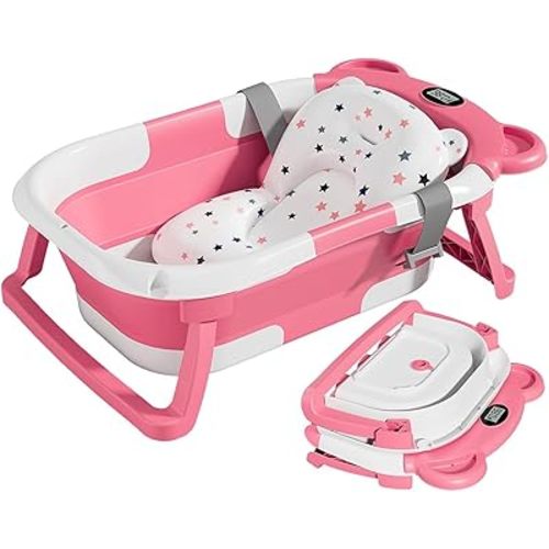 TPN Collapsible Baby Bathtub for Infants to Toddler with Real-time Temp Monitor+Floating Cushion,Foldable Baby Bath Tub Set Applicable 0-36 Month,Perfect Portable Travel Baby Tub for Newborns Girl