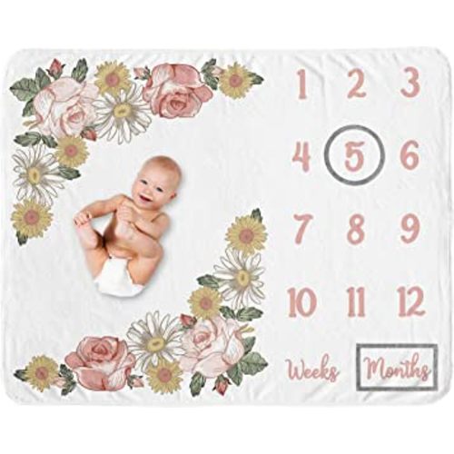 Sweet Jojo Designs Vintage Floral Boho Girl Milestone Blanket Monthly Newborn First Year Growth Mat Baby Shower Memory Keepsake Gift Picture - Blush Pink Yellow Green Shabby Chic Rose Flower Farmhouse