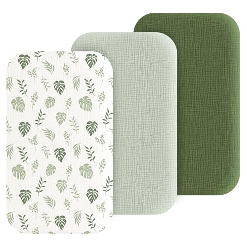 Coreeky Muslin Bassinet Sheets 3 Pack for Boys & Girls, Soft Bedside Sleeper Bassinet Fitted Sheets, Compatible with Baby Delight, Dream On Me, AMKE and Other Rectangle Mattress (Leaf Green)