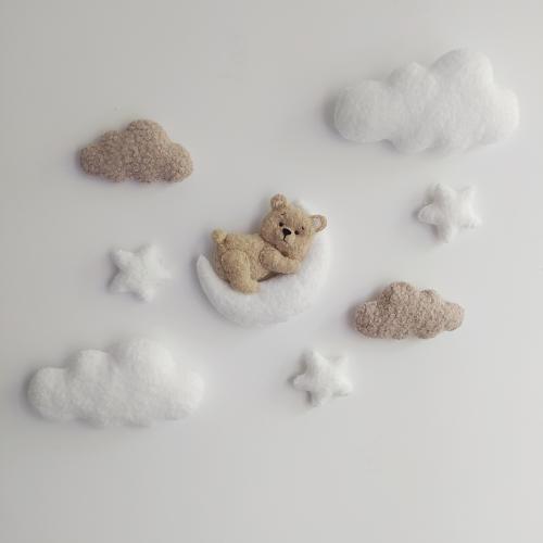 Gender Neutral Nursery Wall Decor – Soft Plush Bear, Cloud & Star Wall Hanging – Bouclé Fabric Baby Room Decor – Custom Colors Available