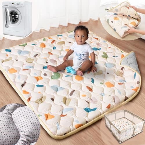 Beavtaens Baby Play Mat, 50x50 Playpen Mat with Super Soft Touch, Activity Playmat with Upgraded Anti-Slip Bottom, Machine Washable Crawling Mat for Floor & Picnic(Boho Color Blocks)