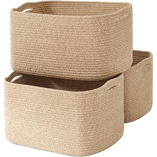 Large Storage Baskets for Organizing Shelves, Woven Cotton Rope Bins for Baby Nursery Organization, Book Toy Towel Organizer, 17"x13"x9.5", 3 Packs, Brown