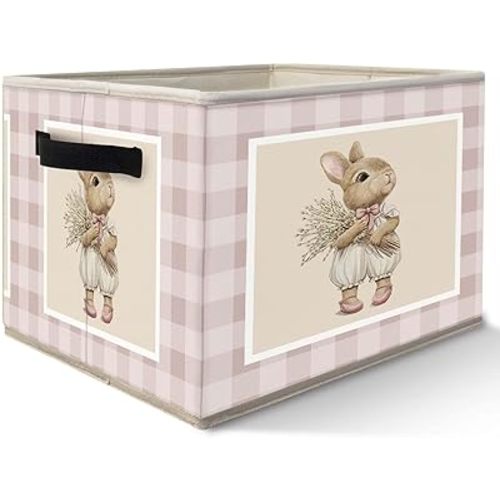Bunny Nursery Storage Bins Basket, Toybox for Girls Room, Rustic Rabbit Neutral Checkered Collapsible Fabric Storage Box Organizer for Bedroom Bathroom Clothes Books Toys