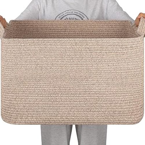 95L Large Storage Basket, Cotton Rope Woven Blanket Basket, Toy Storage for Baby Room, Living Room, 24" x 16.9" x 14.2", Brown