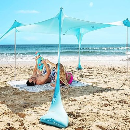 SUN NINJA Beach Tent Shelter with UPF50+ Protection, Includes Sand Shovel, Ground Pegs, Stability Poles, Outdoor Pop Up Shade Canopy for Camping, Fishing, Backyard Fun