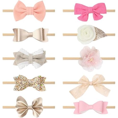 Baby Girls Nylon Elastic Headband Soft Flower Hair Band For Toddler Infant Newborn Set Of 10