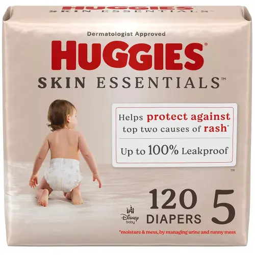 Huggies Size 5 Diapers, Skin Essentials Baby Diapers, Size 5 (27+ lbs), 120 Count (2 Packs of 60)