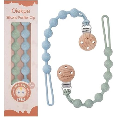 Pacifier Clips for Baby Boys Girl - 100% Food Grade Silicone, One Piece Pacifier Clip Holder, Wooden Clips Design, Paci Clip Soothe Baby Binky Holder for Shower Birthday Gift(SE)