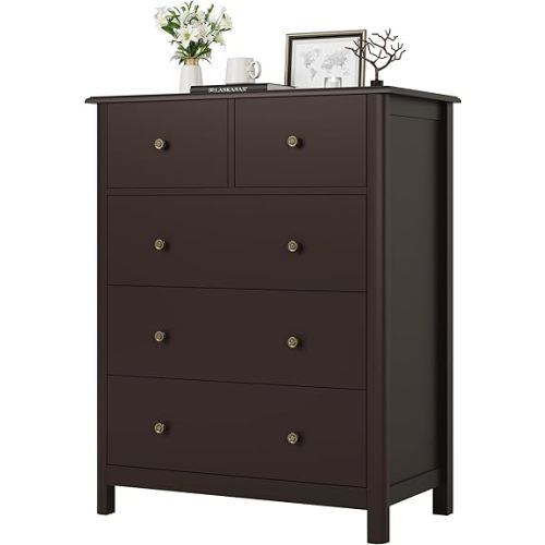 HOUSUIT Dresser with 5 Drawers, Tall Chest of Drawers, 5 Drawer Dresser with Deep Space, Wood Storage Cabinet for Living Room, Hallway, Office, Dark Brown