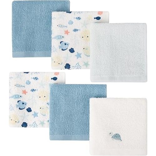 6 Pack Baby Washcloths - 100% Cotton Terry Soft and Absorbent Wash Cloths for Face Hand Body Burp Rag Wipes - Essentials for Newborns Infants Toddlers Boys Girls (Blue Ocean - 6 Pack)