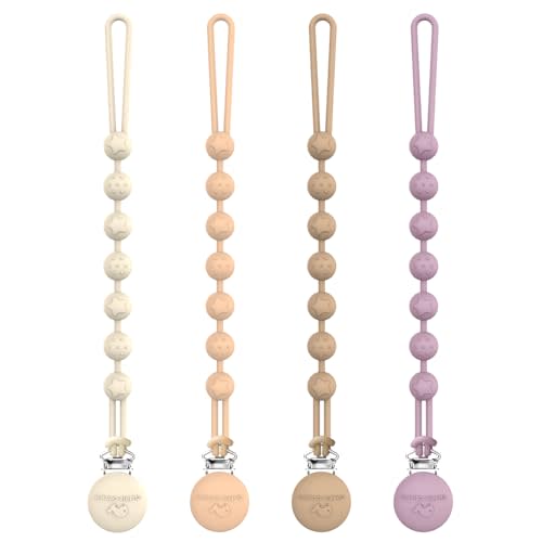 Cuddle Campus Silicone Pacifier Clip Holder with One Piece Design, Pack of 4 Soft Flexible Binky Clips with Texture for Baby Boy and Girl Set 3(6M+)