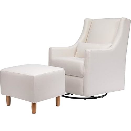 Babyletto Toco Upholstered Swivel Glider and Stationary Ottoman in Performace Cream Eco-Weave, Water Repellent & Stain Resistant, Greenguard Gold Certified