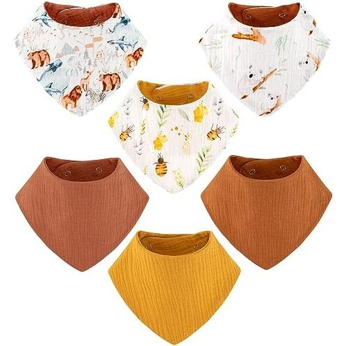 Muslin Baby Bibs Bandana Drool Bibs 100% Cotton Absorbent Soft Reversible 6-Pack Set for Feeding, Teething
