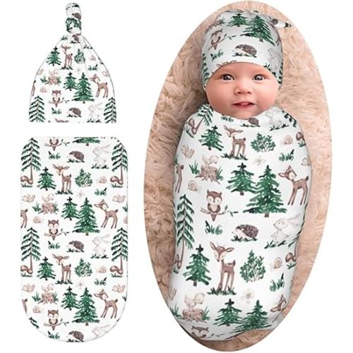 Cute Deer Swaddle Blanket with Beanie Set, Woodland Mushroom Print Baby Stuff Swaddle Sack Newborn Sleeping Sacks for Girls Boys