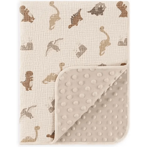 Susurration Baby Blanket for Unisex Boys Girls, Soft Nursery Minky Blanket with Muslin Cotton Front and Dotted Fleece Back, Receiving Blanket for Baby Newborn Infant, 30x40inch (Dinosaur)